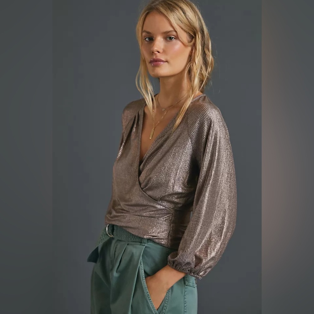 Anthropologie Luanne Shimmer Surplice Top metallic silver dress blouse grey